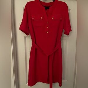 Jones New York Stretch Red Belted Shirt Dress • Gold Button Detail • Pockets
